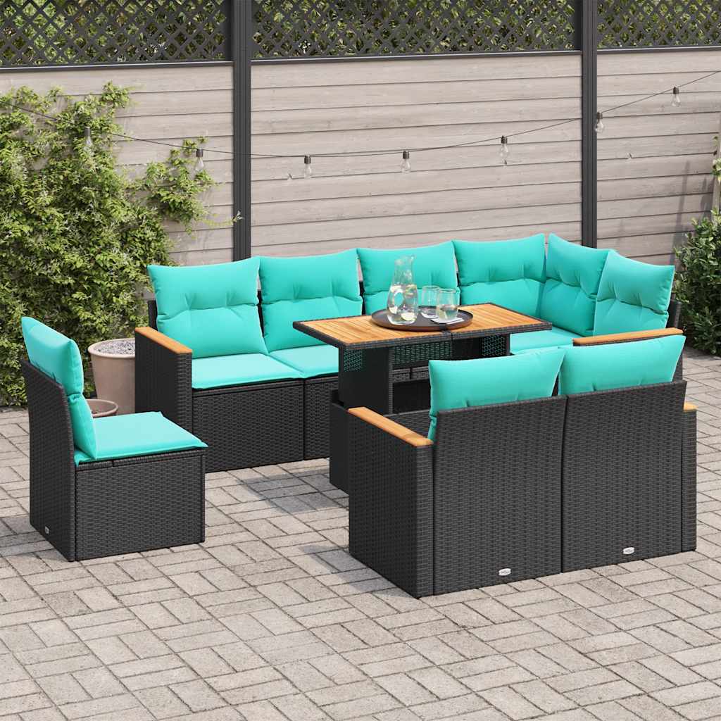 Salon de jardin 9 pcs avec coussins noir résine tressée