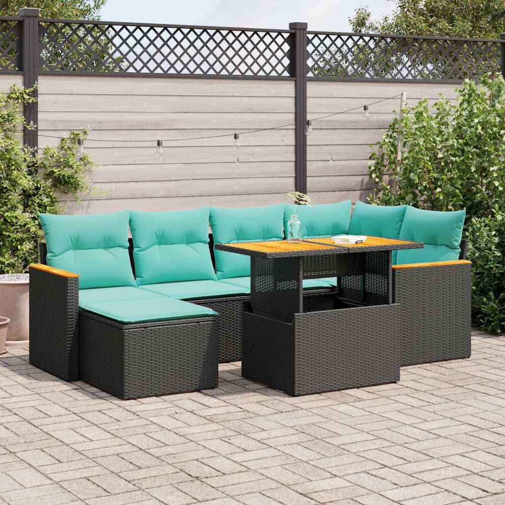 Salon de jardin 7 pcs avec coussins noir résine tressée