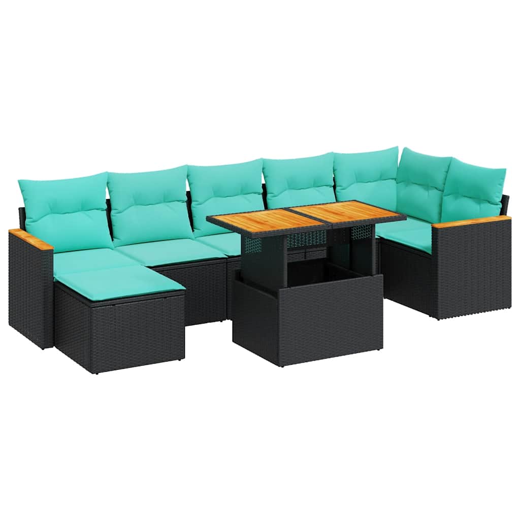 Salon de jardin avec coussins 8 pcs noir résine tressée acacia