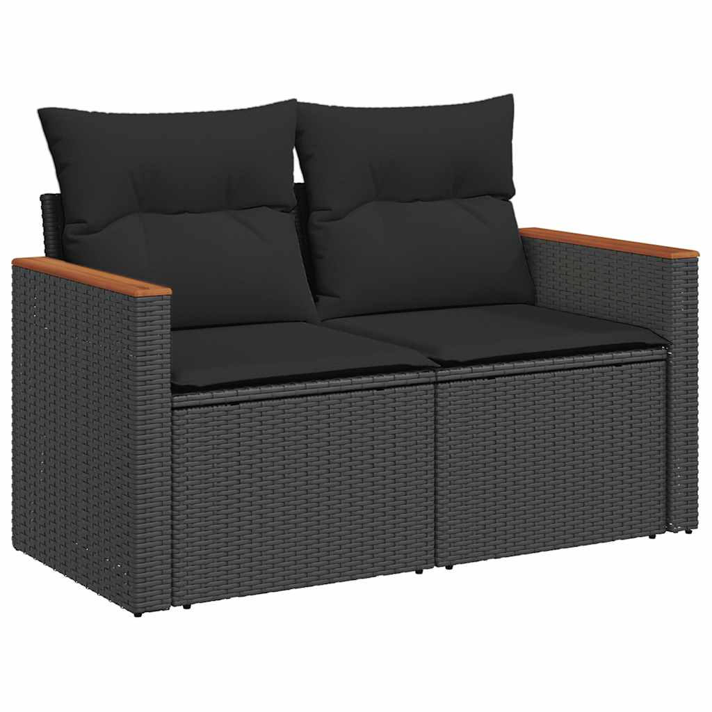 Salon de jardin avec coussins 9 pcs noir résine tressée acacia