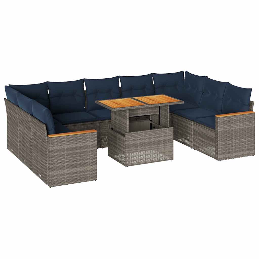 Salon de jardin avec coussins 10 pcs gris résine tressée
