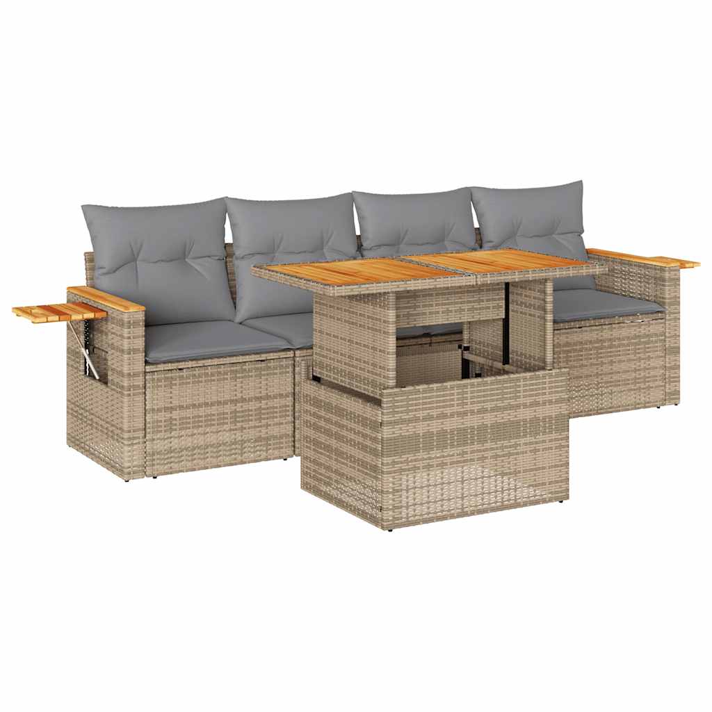Salon de jardin avec coussins 5 pcs beige résine tressée acacia
