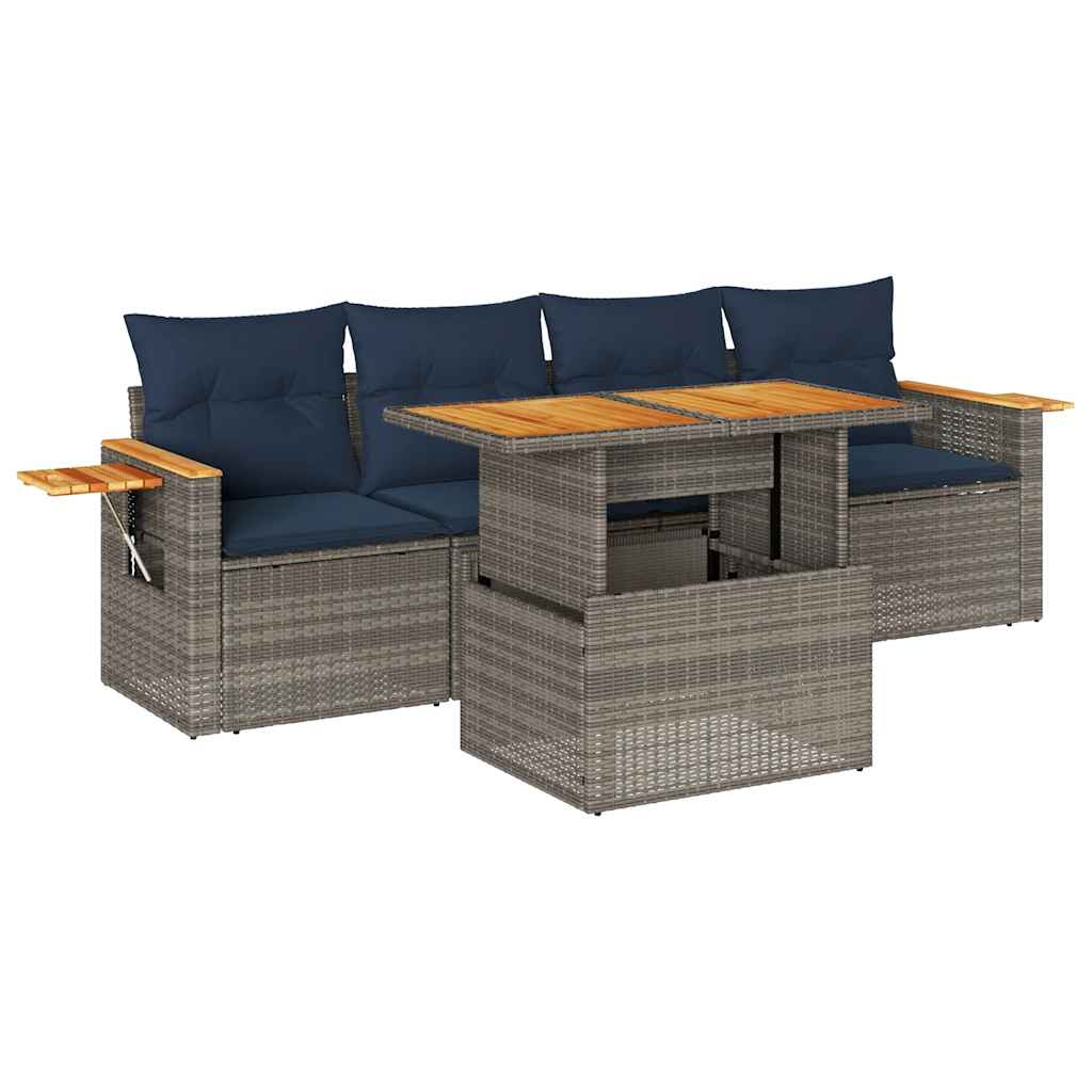 Salon de jardin 5 pcs avec coussins gris résine tressée