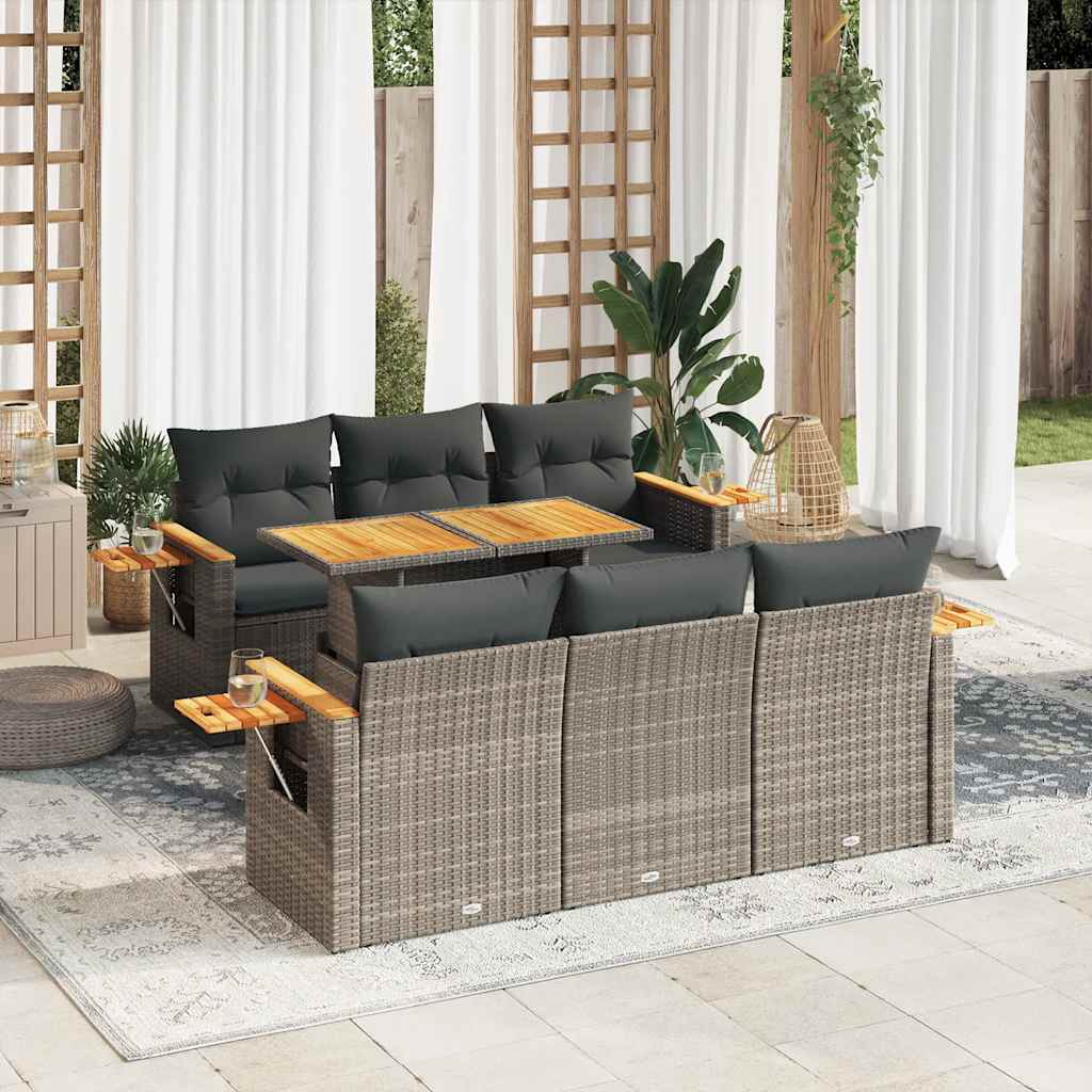 Salon de jardin avec coussins 7 pcs gris résine tressée acacia