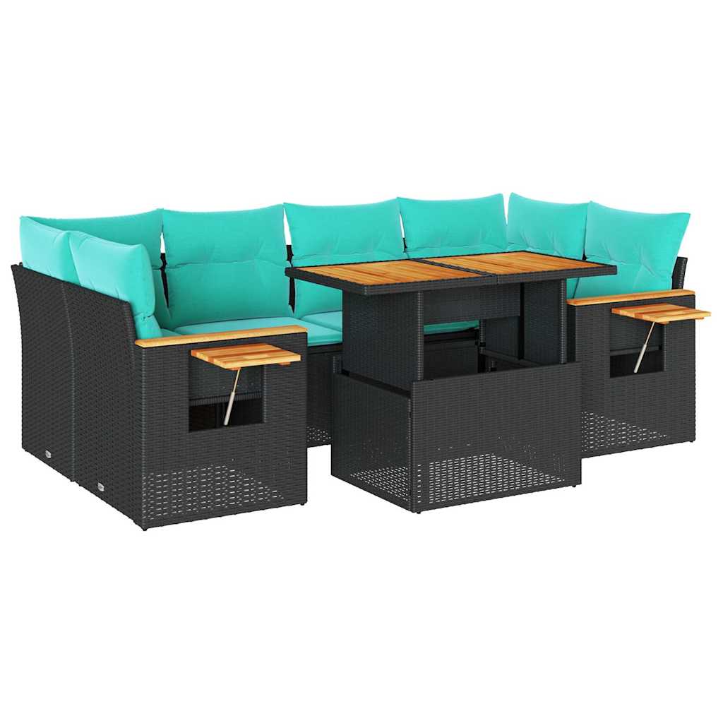 Salon de jardin 7 pcs avec coussins noir résine tressée
