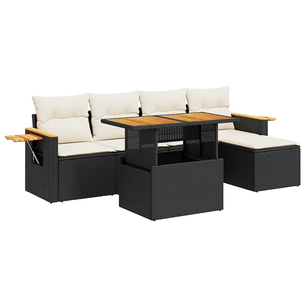Salon de jardin 6 pcs avec coussins noir résine tressée acacia