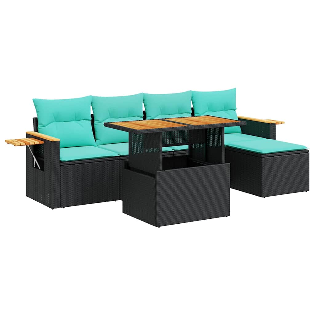 Salon de jardin 6 pcs avec coussins noir résine tressée acacia