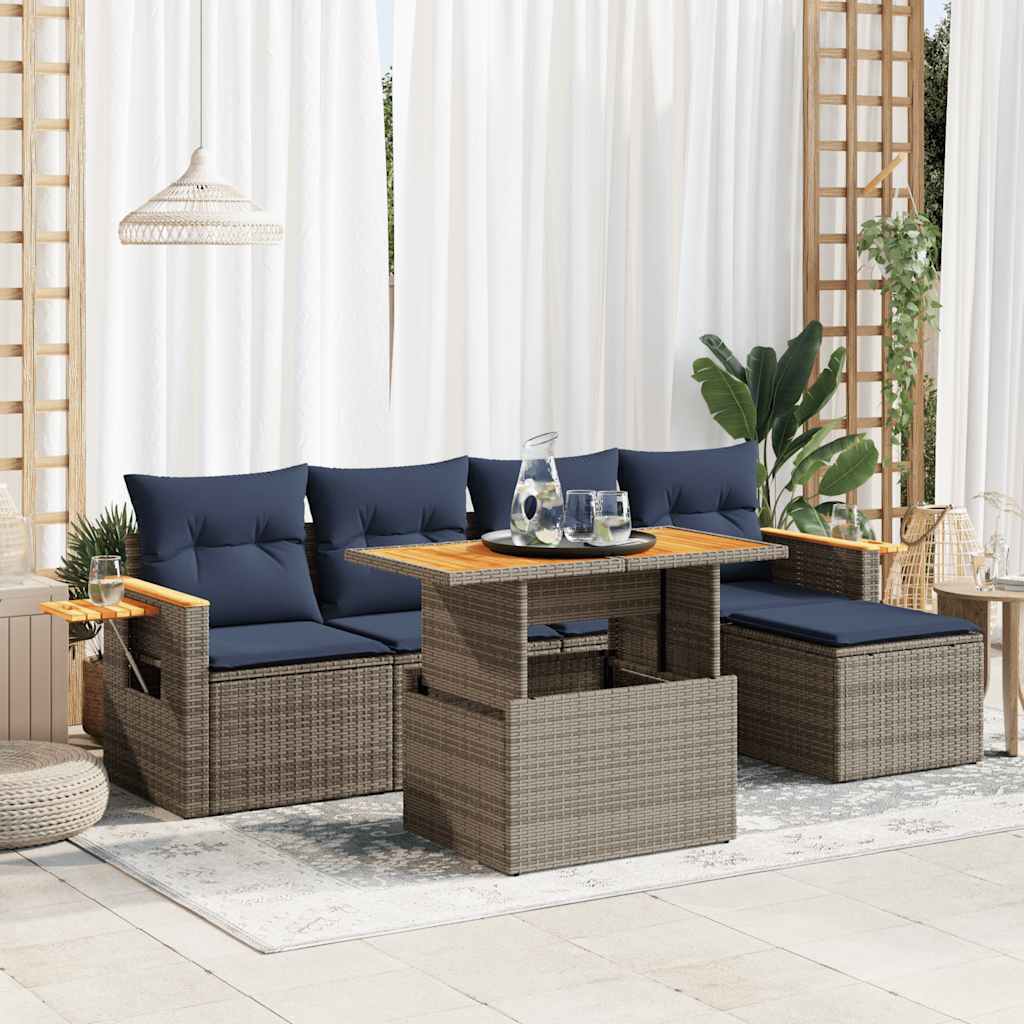 Salon de jardin avec coussins 6 pcs gris résine tressée acacia