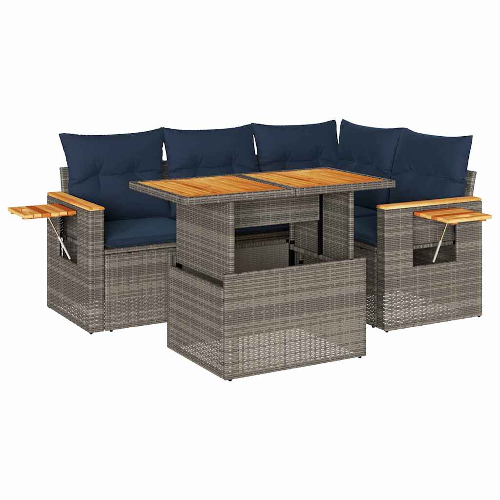 Salon de jardin 5 pcs avec coussins gris résine tressée acacia