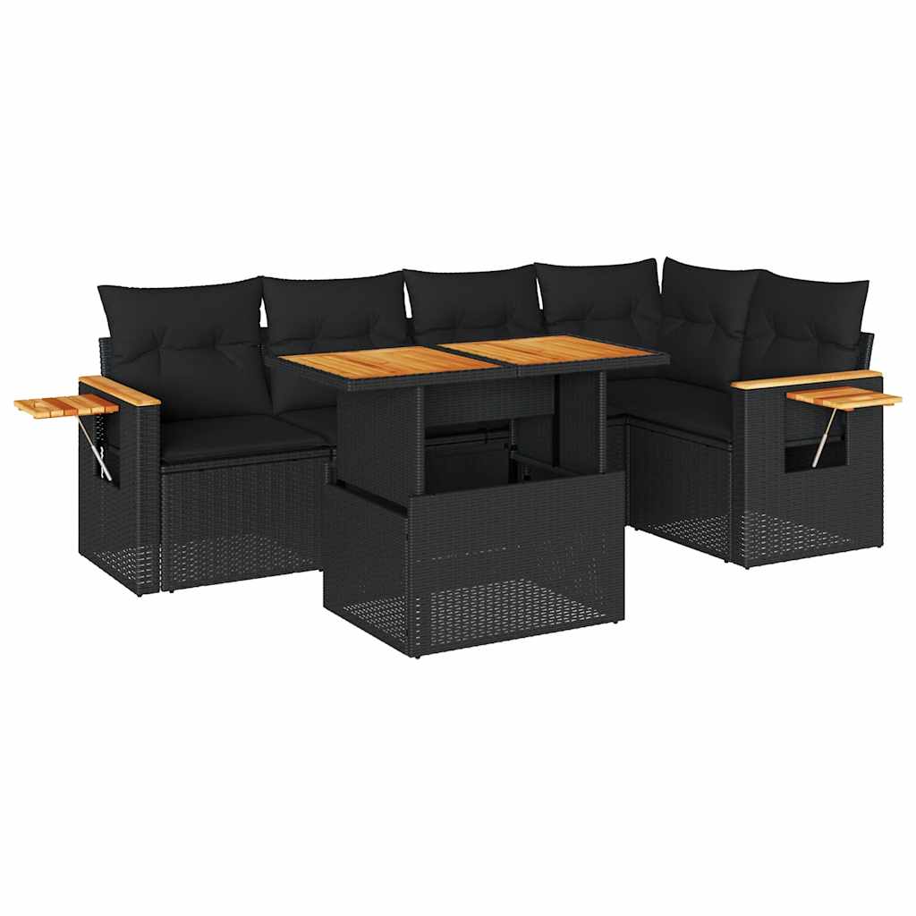 Salon de jardin 6 pcs avec coussins noir résine tressée acacia