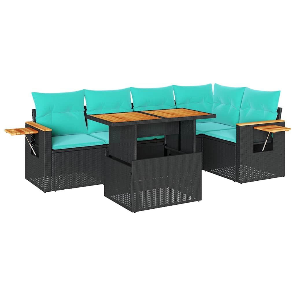 Salon de jardin 6 pcs avec coussins noir résine tressée acacia