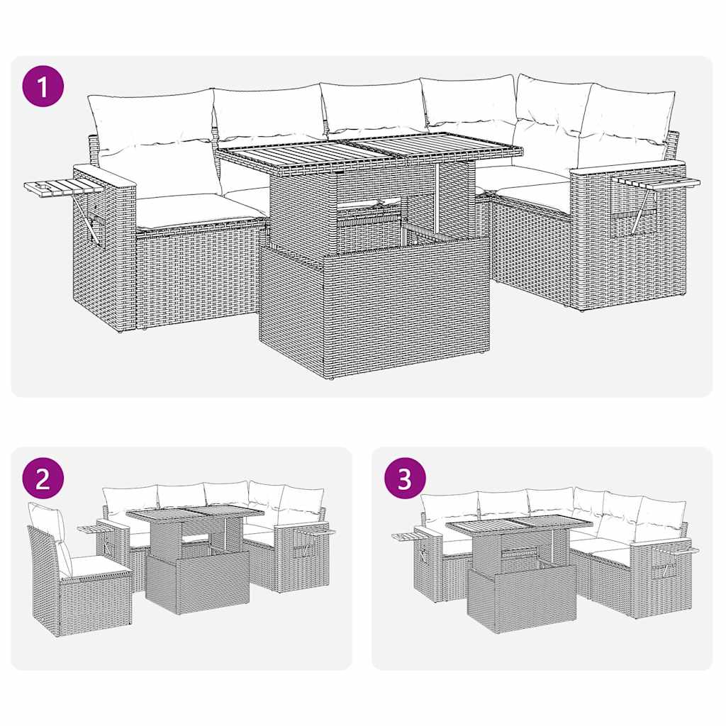 Salon de jardin 6 pcs avec coussins noir résine tressée acacia