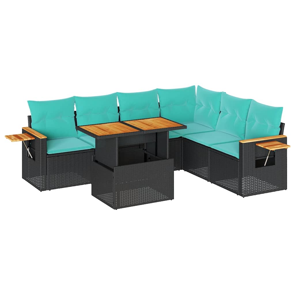 Salon de jardin avec coussins 7 pcs noir résine tressée acacia