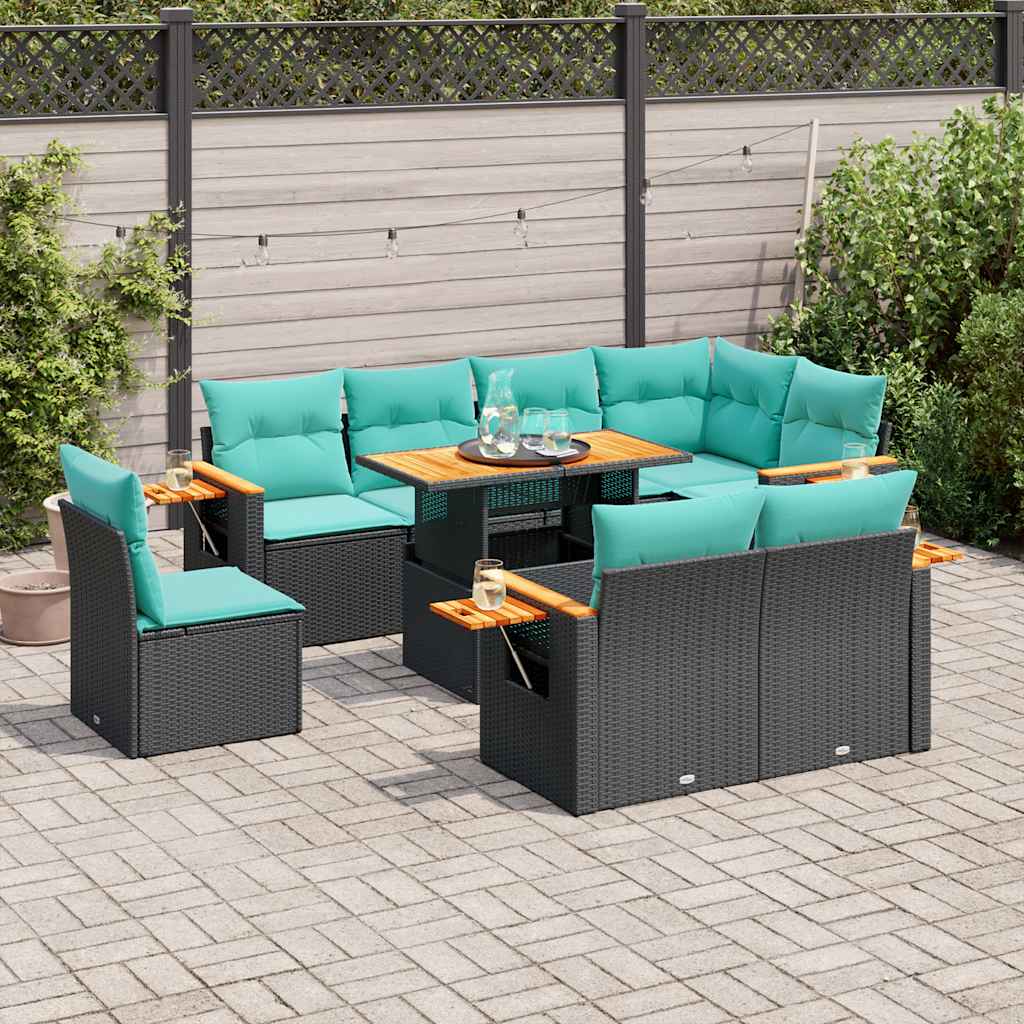 Salon de jardin avec coussins 9 pcs noir résine tressée acacia