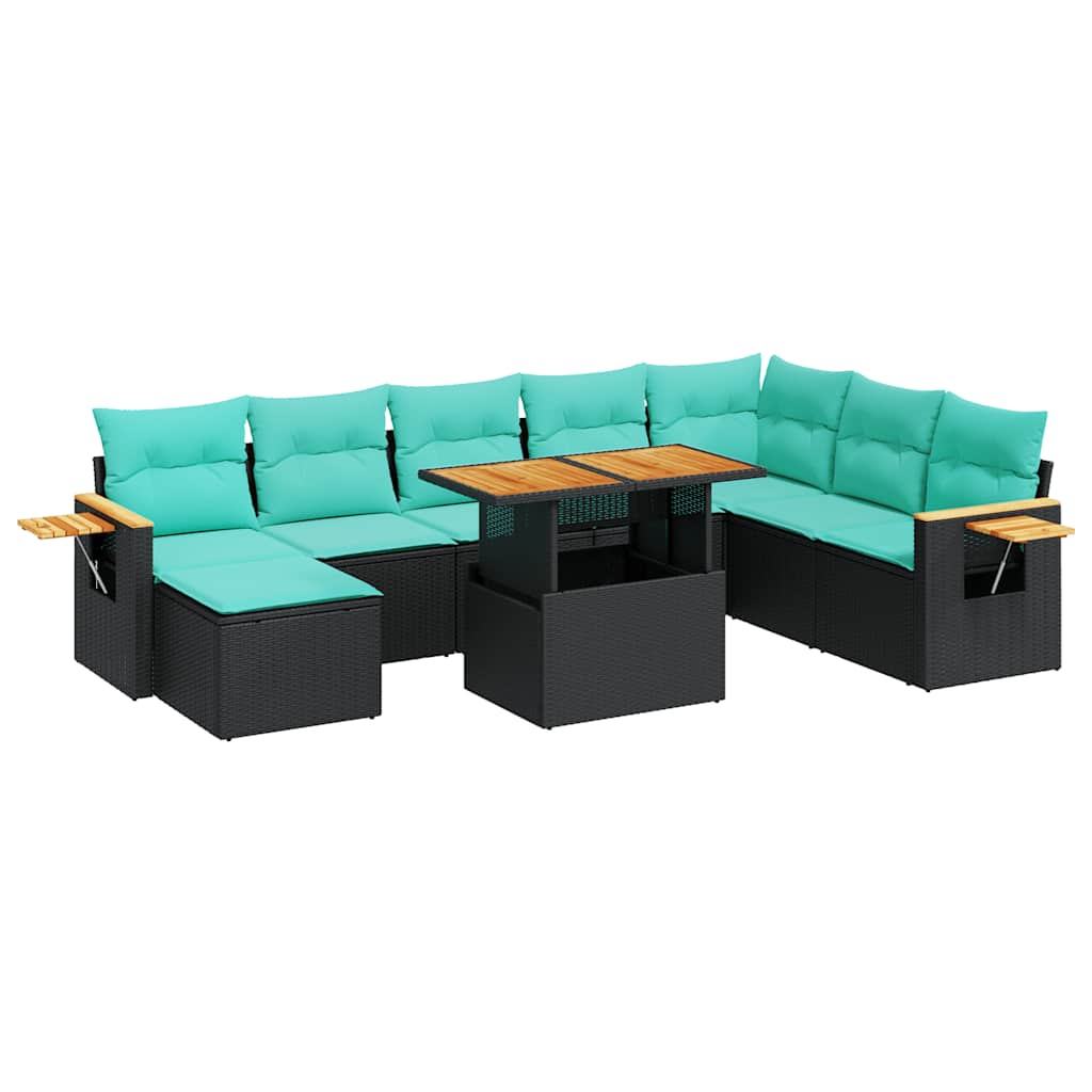 Salon de jardin 10 pcs avec coussins noir résine tressée acacia