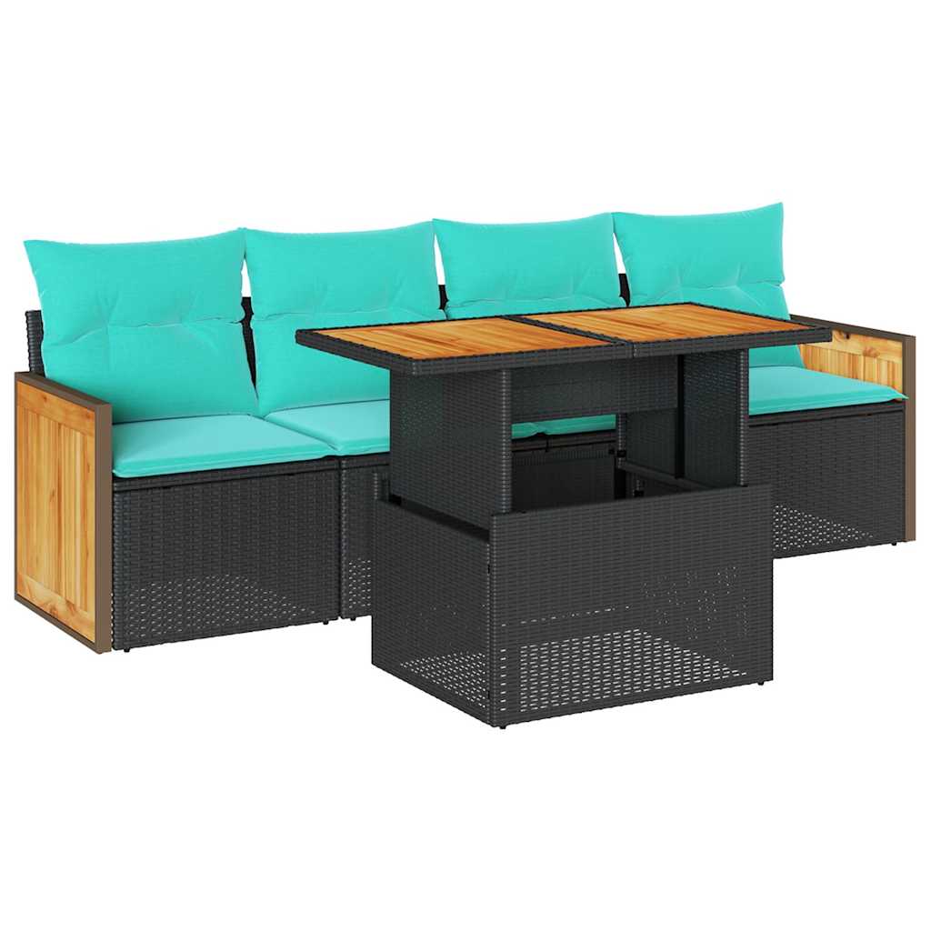 Salon de jardin 5 pcs avec coussins noir résine tressée acacia