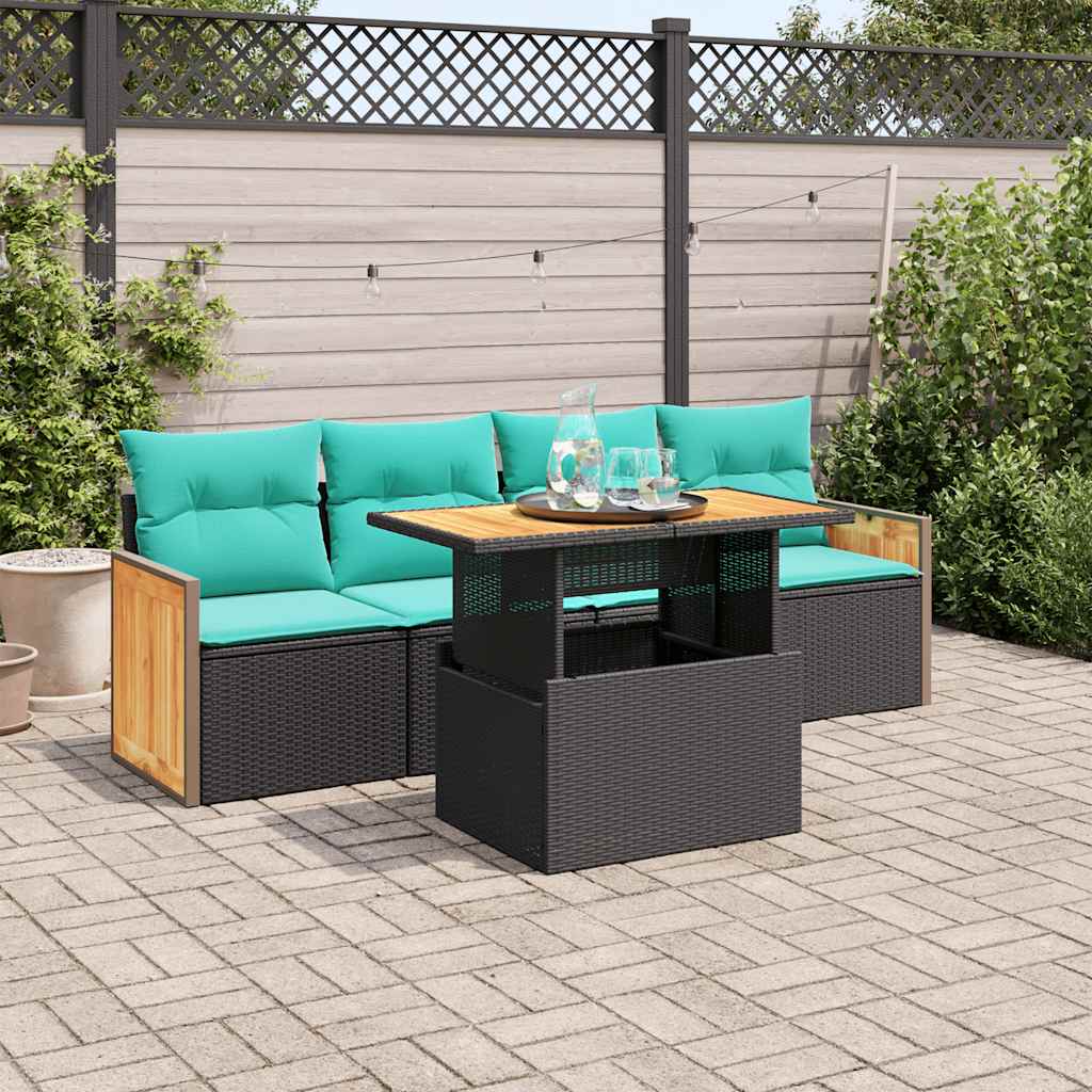 Salon de jardin 5 pcs avec coussins noir résine tressée acacia
