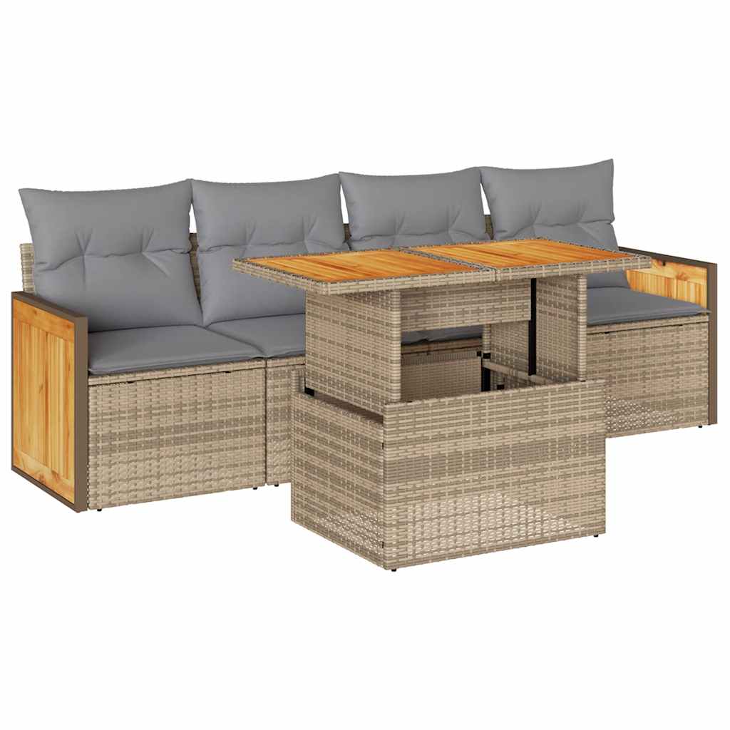 Salon de jardin avec coussins 5 pcs beige résine tressée acacia