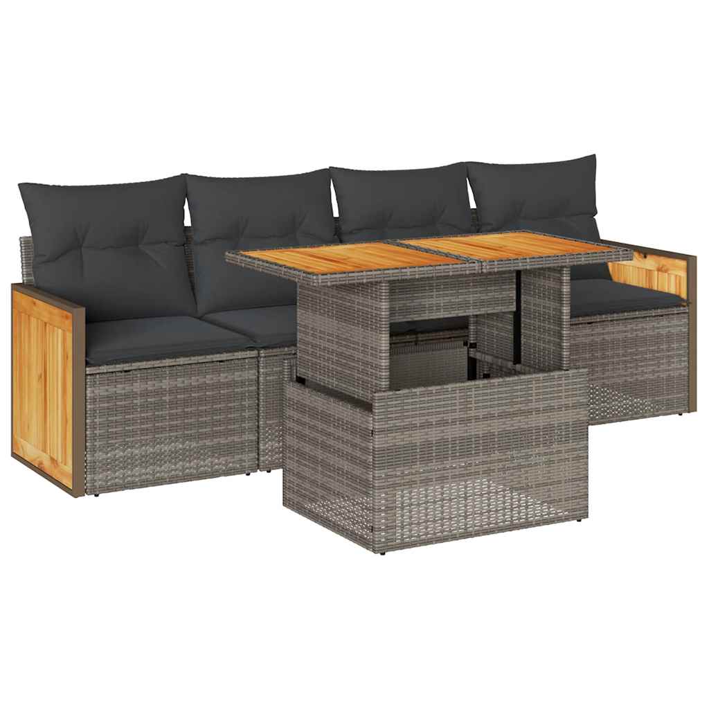 Salon de jardin 5 pcs avec coussins gris résine tressée acacia