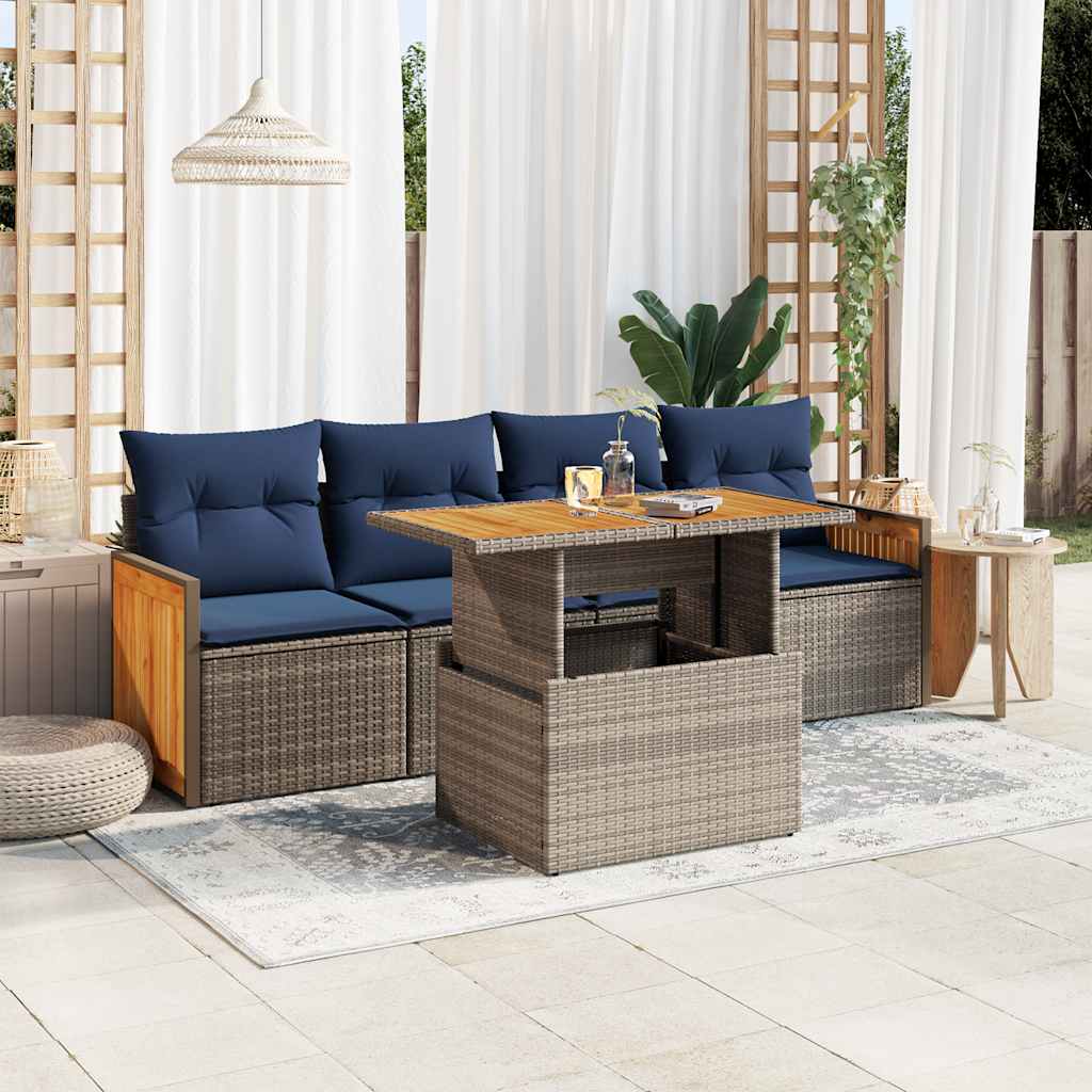 Salon de jardin 5 pcs avec coussins gris résine tressée acacia
