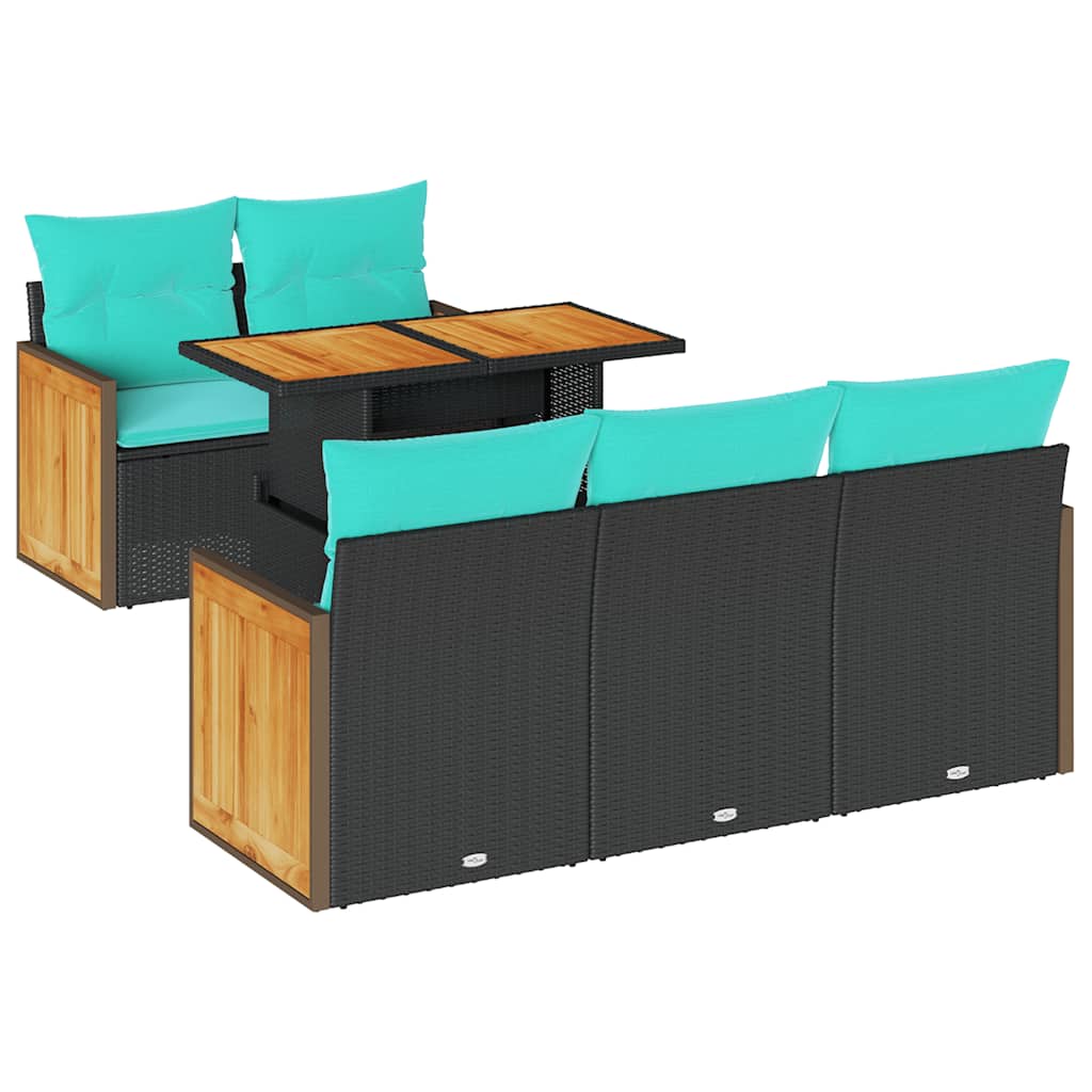 Ensemble de canapé de jardin 6 pcs avec coussins noir résine tressée et acacia