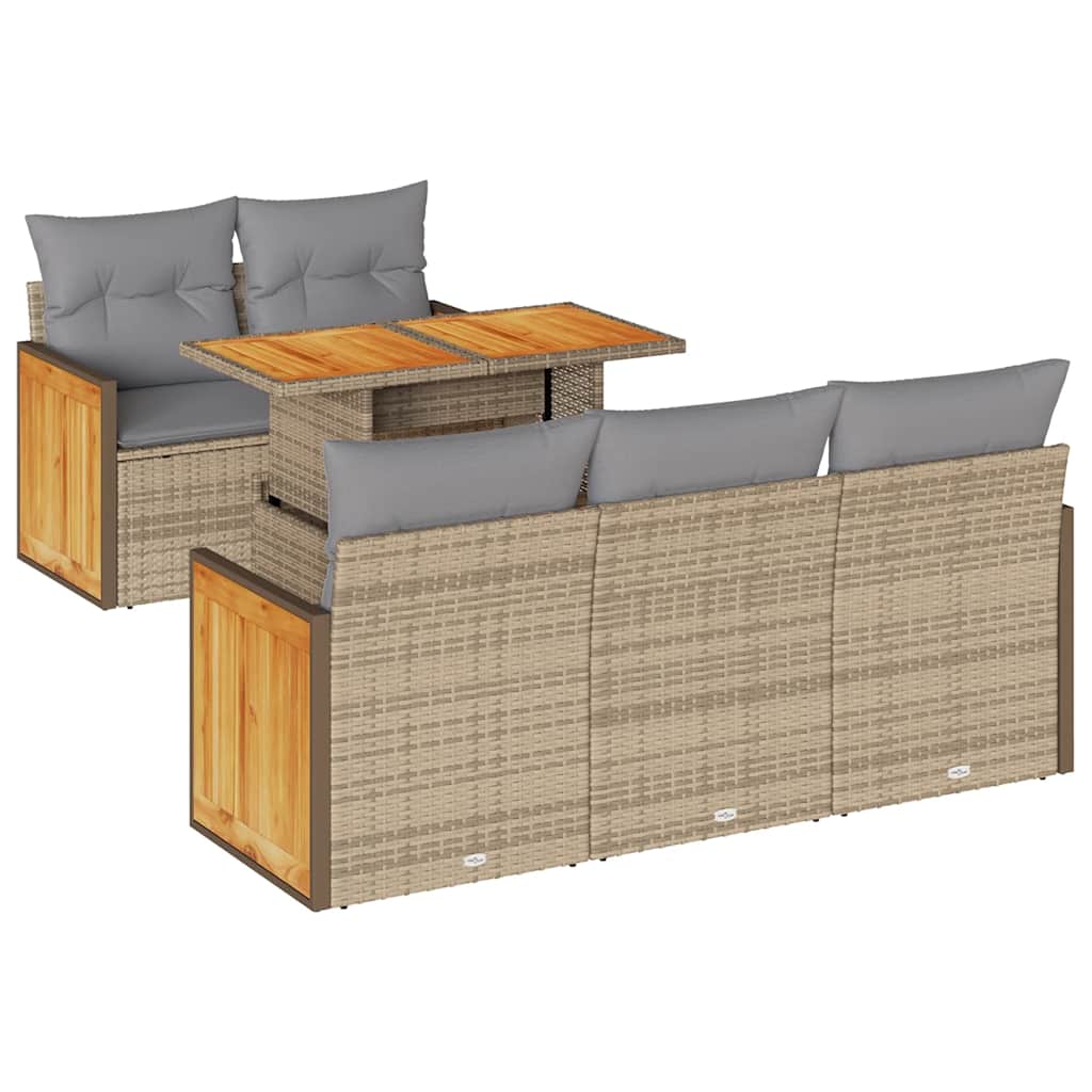 Salon de jardin 6 pcs avec coussins beige résine tressée acacia