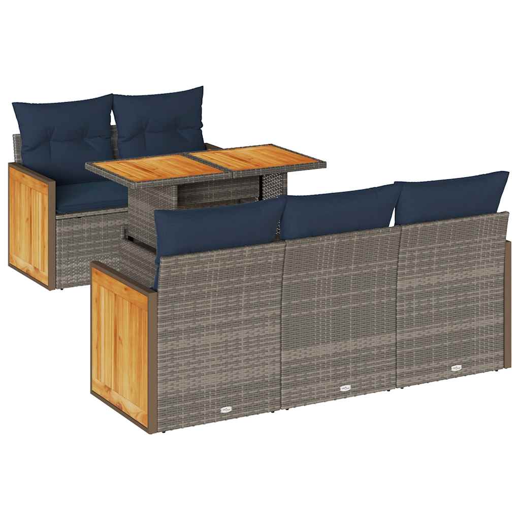 Salon de jardin avec coussins 6 pcs gris résine tressée acacia