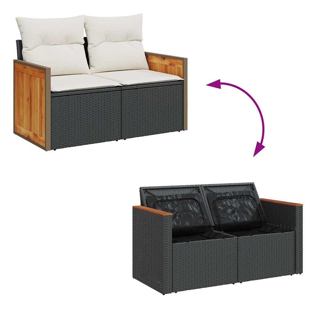 Salon de jardin avec coussins 7 pcs noir résine tressée acacia