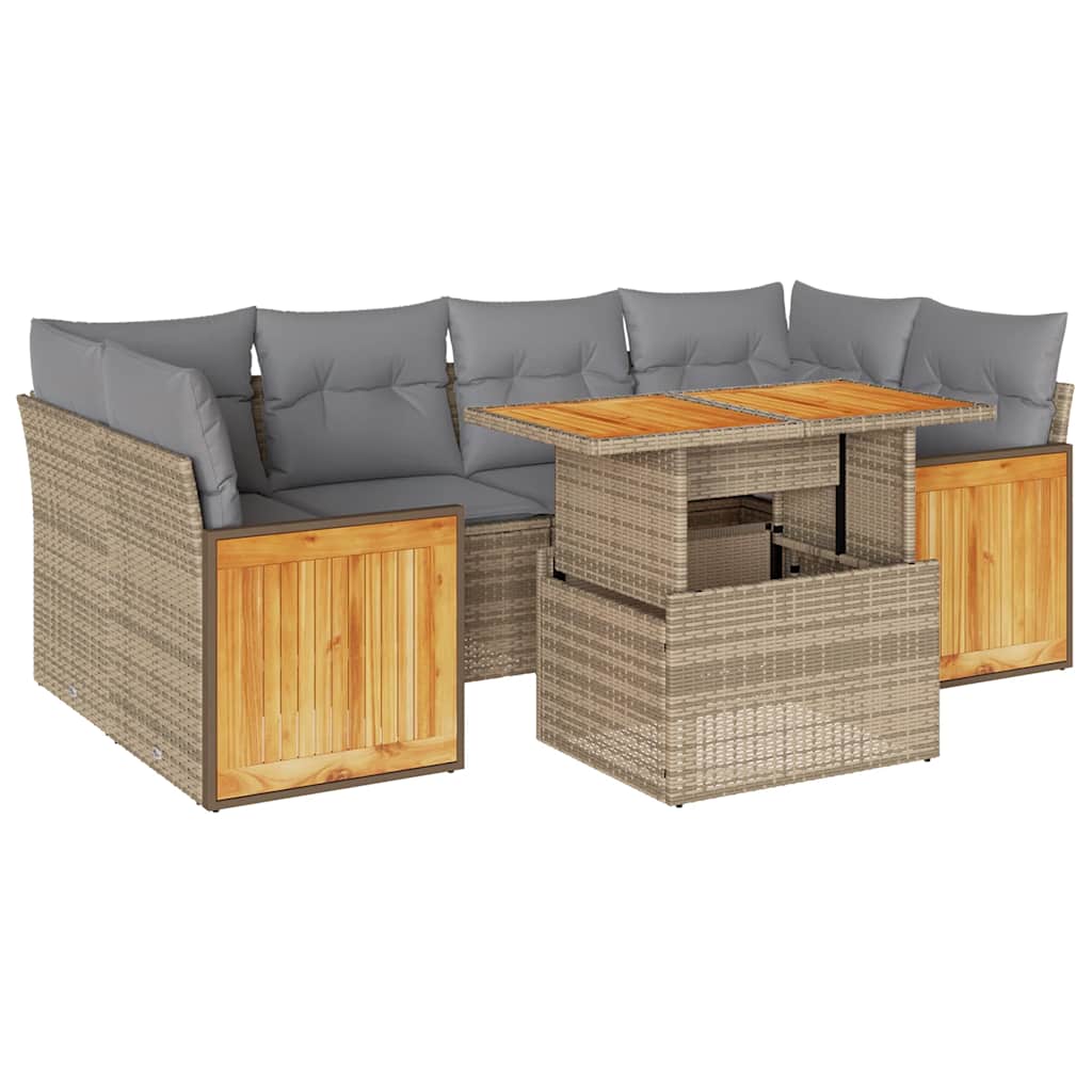 Salon de jardin avec coussins 7 pcs beige résine tressée acacia