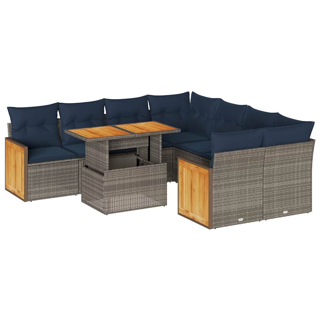 Salon de jardin avec coussins 9 pcs gris résine tressée acacia