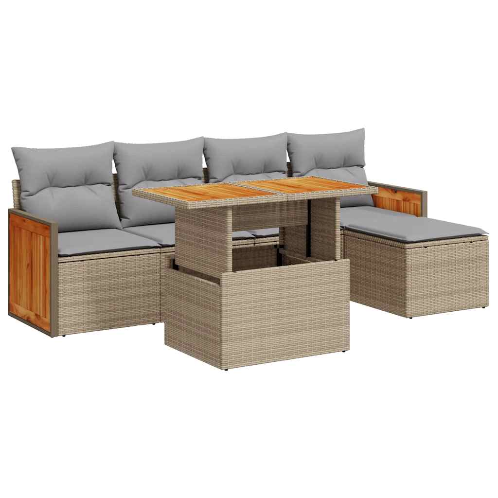 Salon de jardin 6 pcs avec coussins beige résine tressée acacia