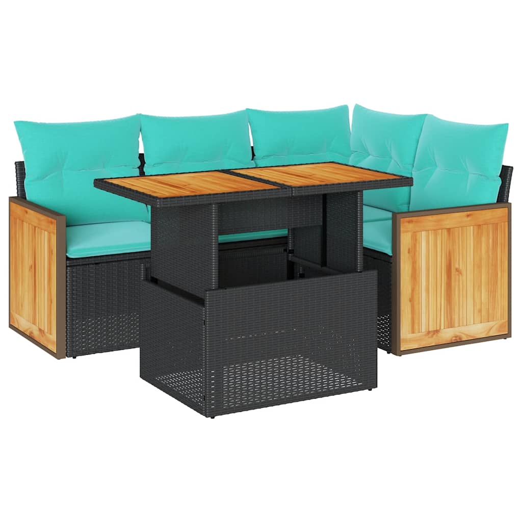 Salon de jardin 5 pcs avec coussins noir résine tressée acacia
