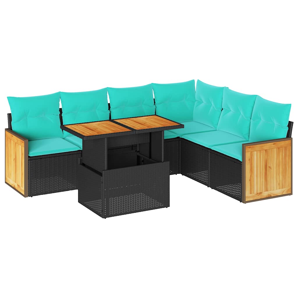 Salon de jardin avec coussins 7 pcs noir résine tressée acacia