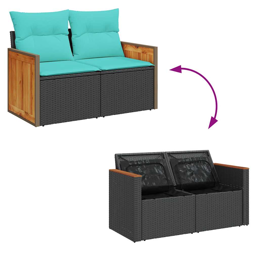 Salon de jardin avec coussins 7 pcs noir résine tressée acacia