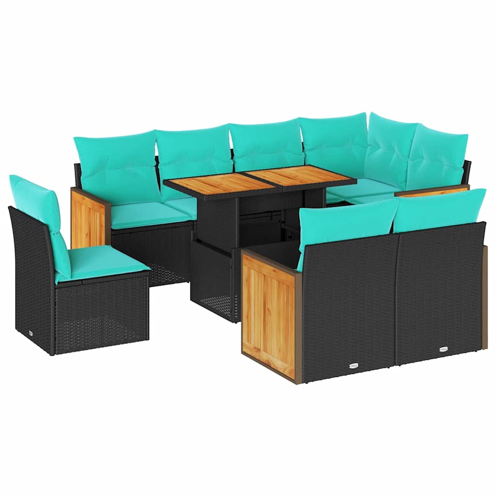 Salon de jardin avec coussins 9 pcs noir résine tressée acacia
