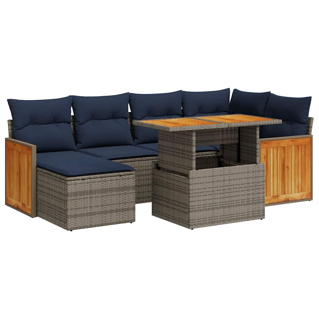 Salon de jardin avec coussins 7 pcs noir résine tressée acacia