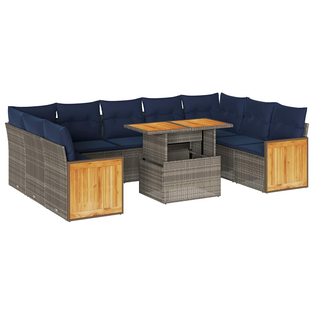 Salon de jardin avec coussins 10 pcs gris résine tressée acacia