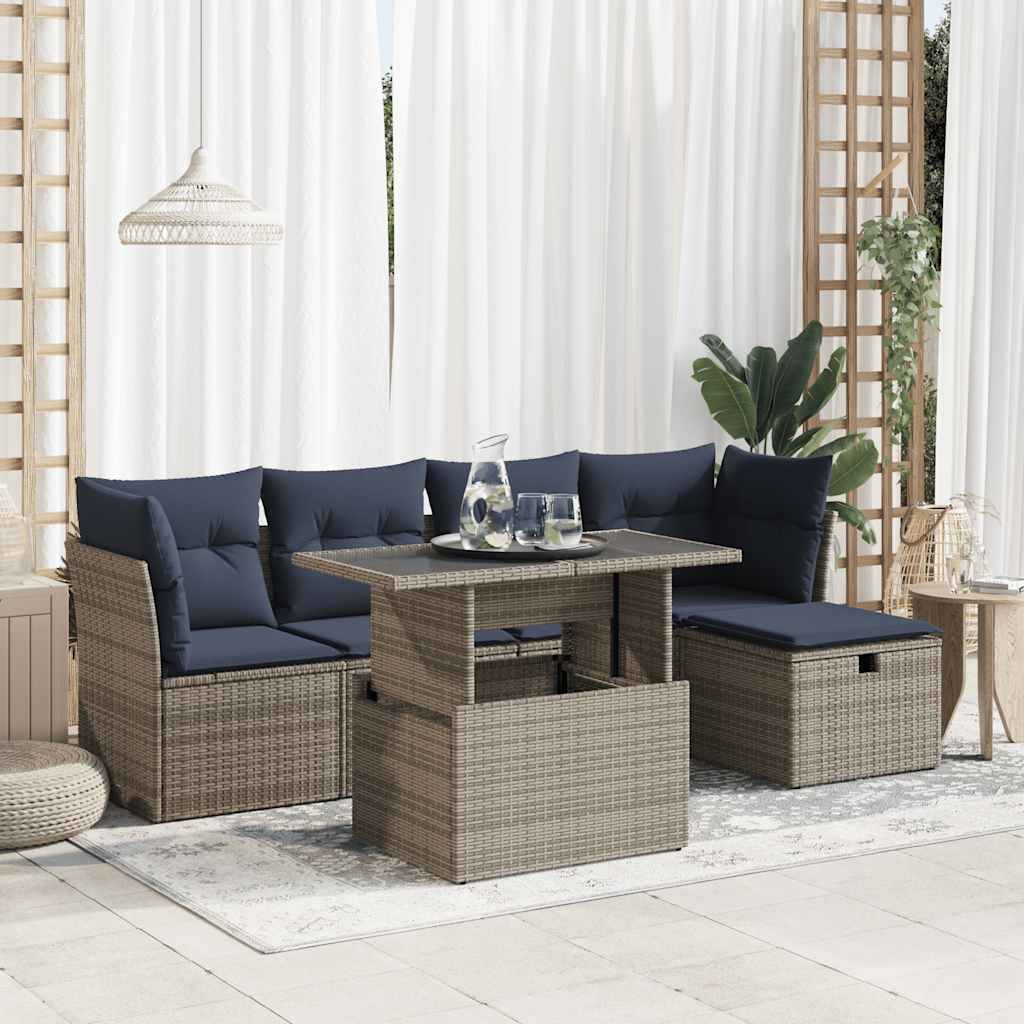 Salon de jardin avec coussins 6 pcs gris résine tressée acacia