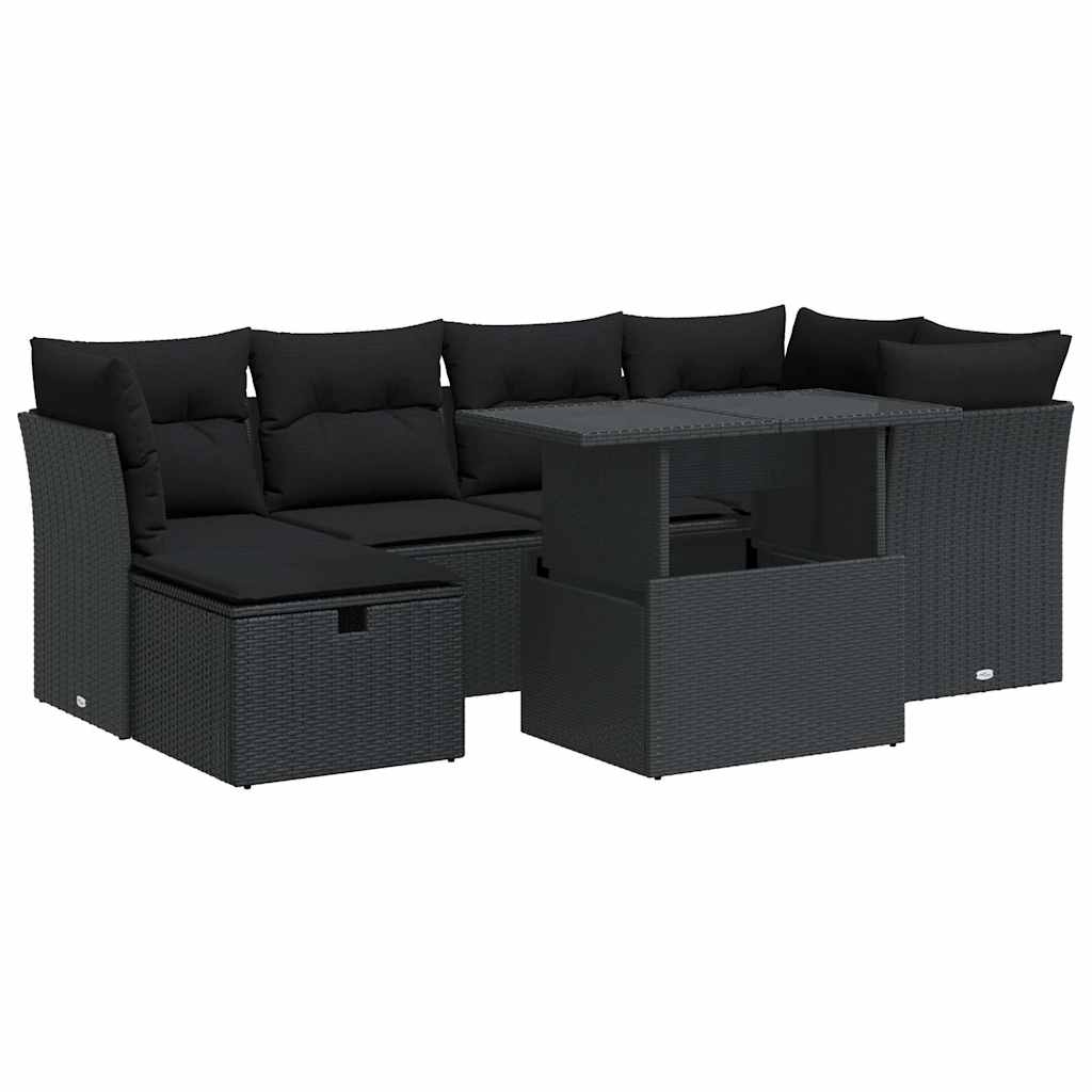 Salon de jardin 7 pcs avec coussins noir résine tressée