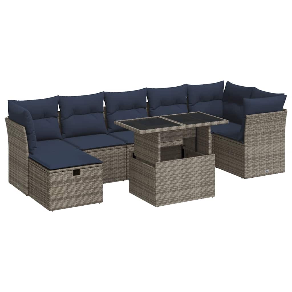 Salon de jardin 8pcs avec coussins gris résine tressée acacia