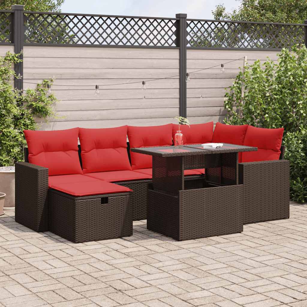 Salon de jardin avec coussins 7 pcs marron résine tressée acacia