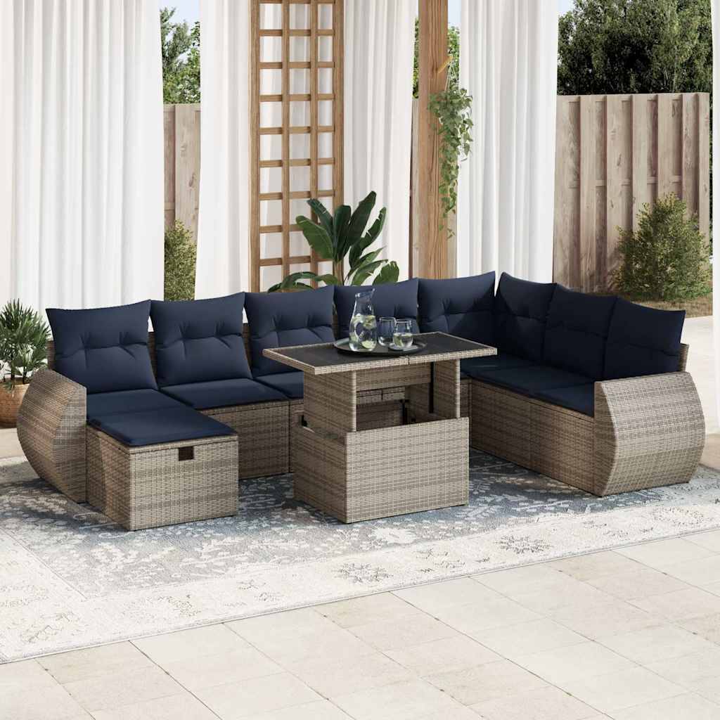 Salon de jardin avec coussins 9pcs marron résine tressée acacia