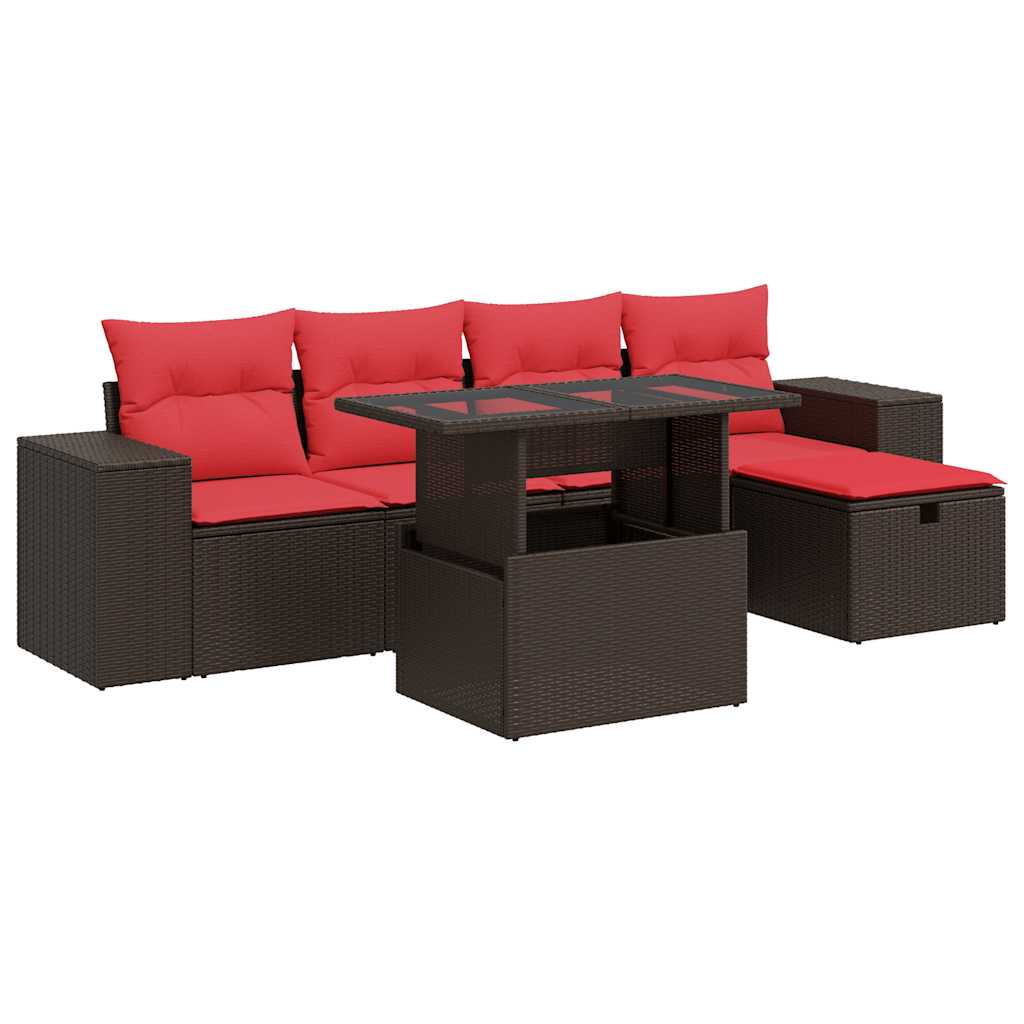 Salon de jardin 6 pcs avec coussins marron résine tressée