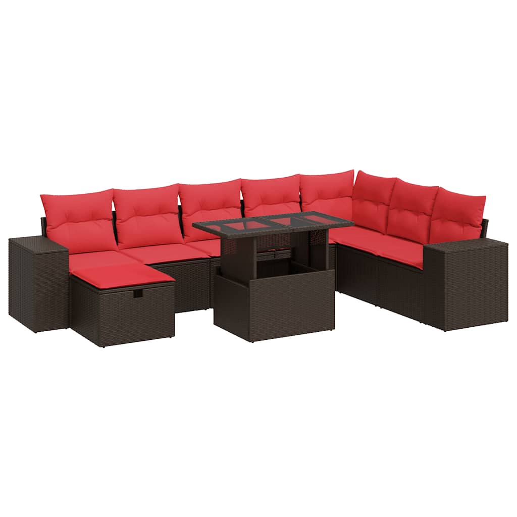 Salon de jardin avec coussins 9 pcs noir résine tressée acacia