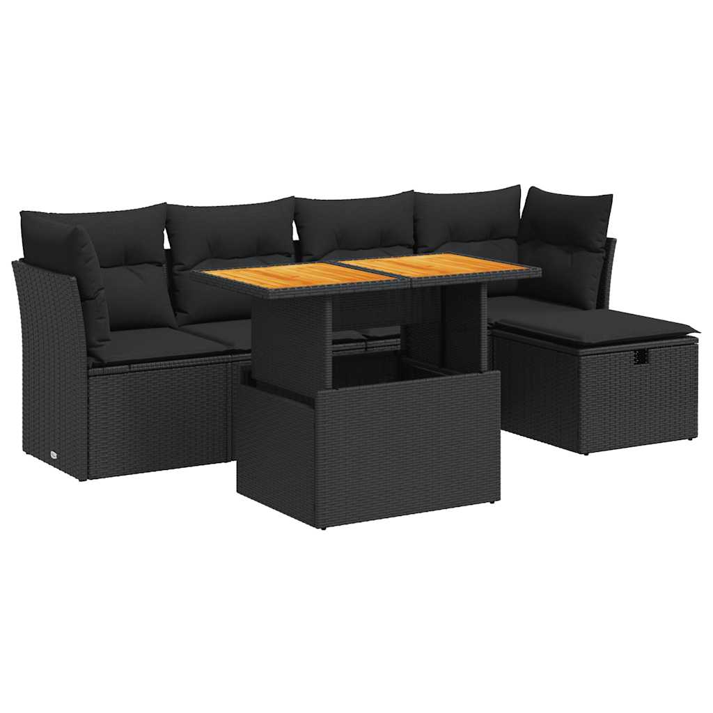 Salon de jardin 6 pcs avec coussins noir résine tressée acacia