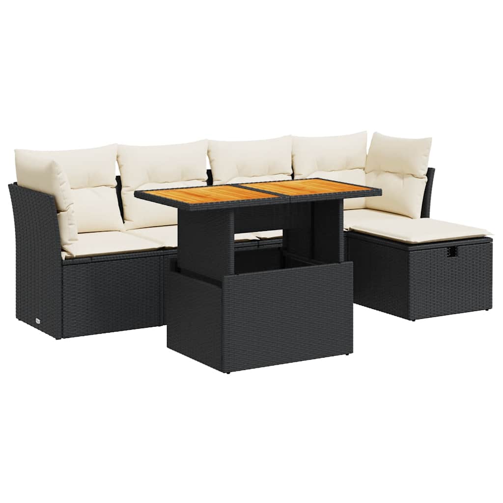 Salon de jardin 6 pcs avec coussins noir résine tressée acacia