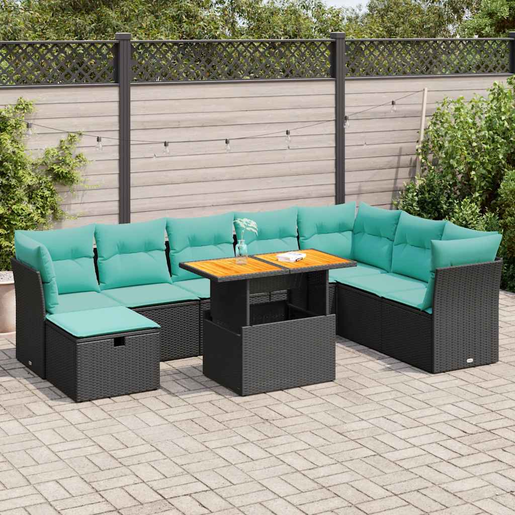 Salon de jardin avec coussins 9 pcs gris résine tressée acacia