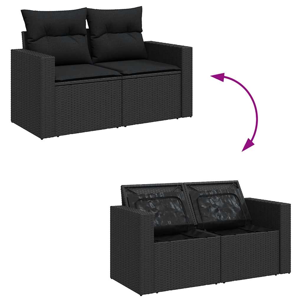Salon de jardin 6 pcs avec coussins noir résine tressée acacia