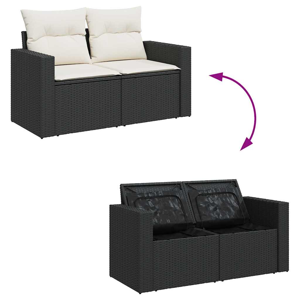 Salon de jardin 6 pcs avec coussins noir résine tressée acacia