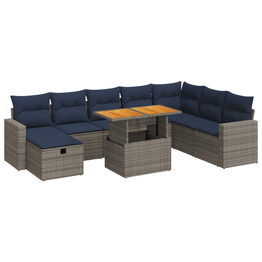 Salon de jardin avec coussins 9 pcs gris résine tressée acacia